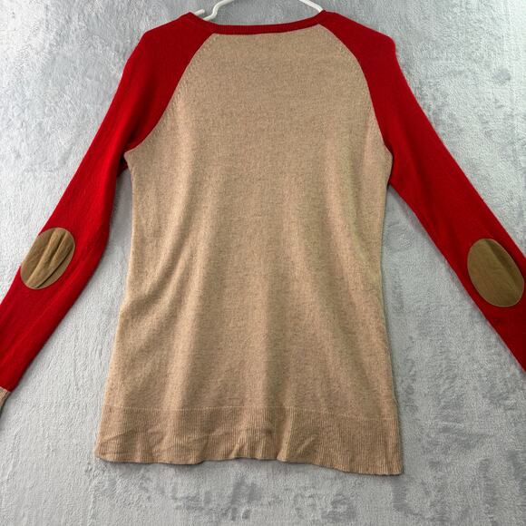 J. Crew Colorblock Red & Tan Side-Button Crewneck Sweater w/ Elbow Patches • XS - Picture 5 of 7